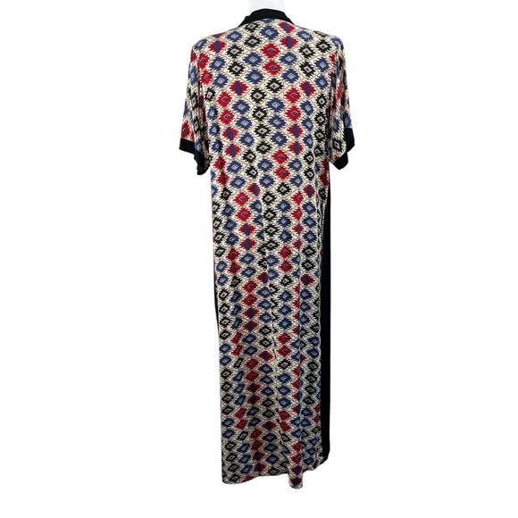ALM Black Multi Abstract Embroidered V-Neck Boho Ethnic Kaftan Maxi Dress Large - Picture 2 of 13